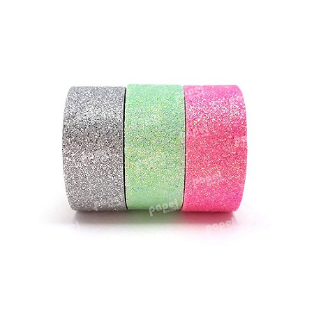 Conjunto Fita Adesiva Washi Tape Glitter Rosa e Prata