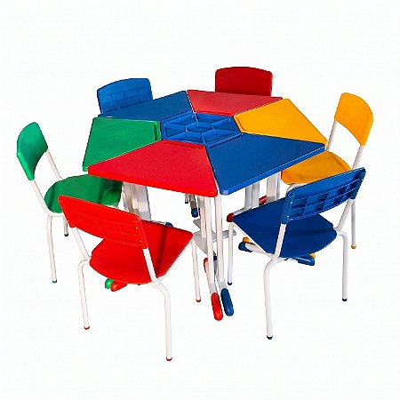 Conjunto Coletivo Trapézio Adulto 6 Mesa + 6 Cadeiras + Mesa Central | Linha Fplus CJ-TPZ-06 M4B (M4BTPZ-06+CD-FNDE06)
