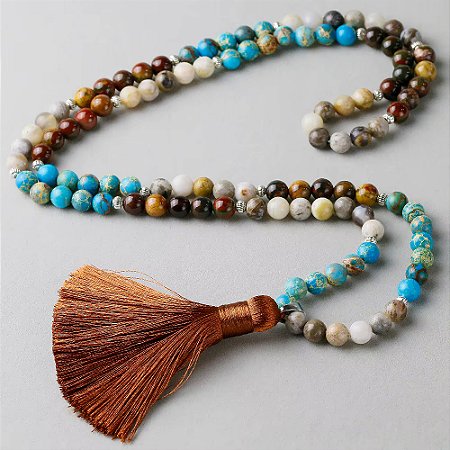 Japamala 108 Contas – Pedra Imperial Azul, Jaspe Vermelho Riacho e Ágata de Bambu