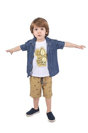 CONJ BERMUDA ESTAMPADA COM CAMISA JEANS E RE