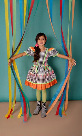 VESTIDO JUNINO XADREZ NEON