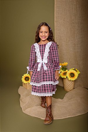 VESTIDO JUNINO XADREZ MANGA 3/4