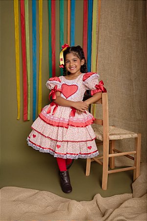 VESTIDO JUNINO DE CORAÇAO E RENDINHA