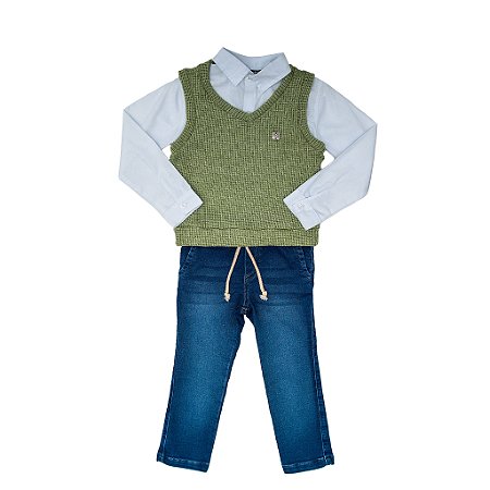 CONJ CALÇA JEANS COM CAMISA E COLETE