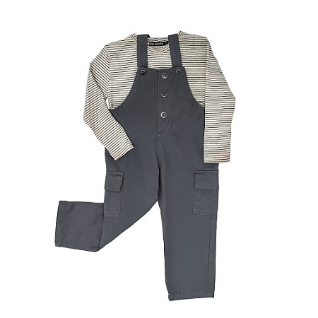 CONJ JARDINEIRA COM CAMISETA LISTRADA