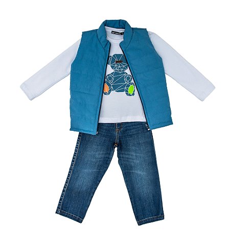 CONJ CALÇA JEANS COM CAMISETA BEAR E COLETE