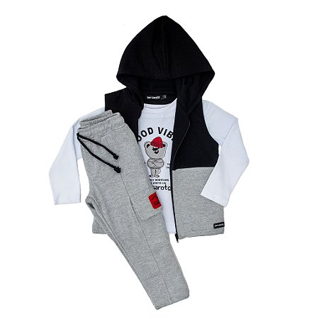CONJ CALÇA COLETE MOLETOM E CAMISETA  GOOD VIBE
