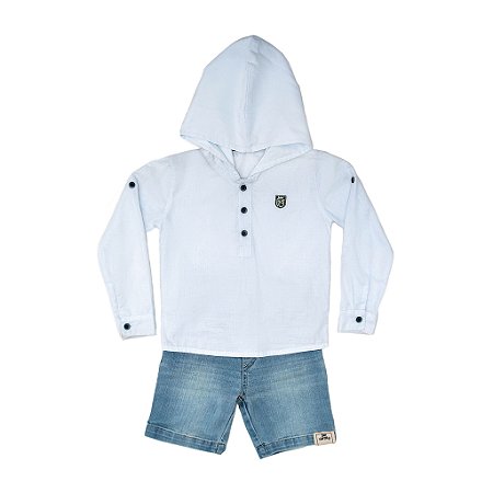 CONJ CAMISA COM CAPUZ E BERMUDA JEANS
