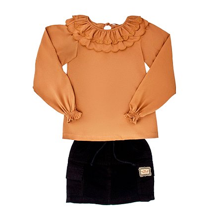 CONJ SAIA DE SARJA COM BATA GOLA BORDADA