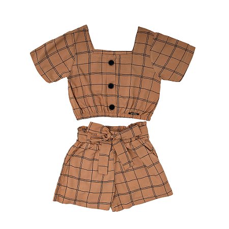 CONJ CROPPED E SHORTS VISCOSE XADREZ