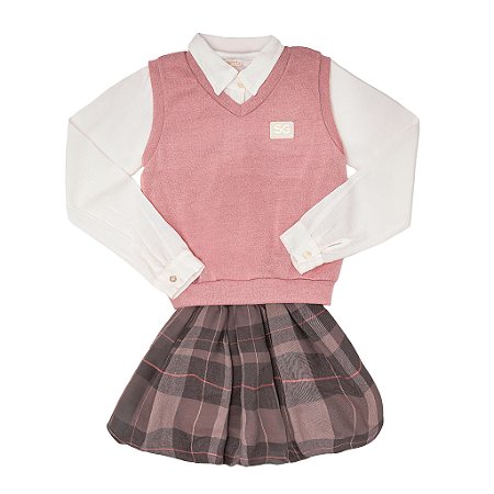 CONJ CAMISA COLETE E SAIA XADREZ BALONE