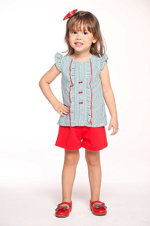 Conjunto shorts de moletinho com blusa listrada