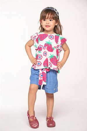 Conjunto shorts e bata viscose morango