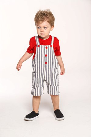 Conjunto jardineira sarja listrada com camiseta