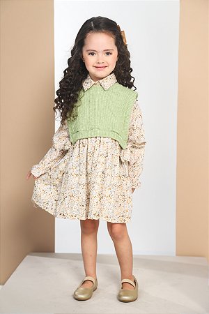 CONJ VESTIDO FLORZINHA COM COLETE DE TRICO