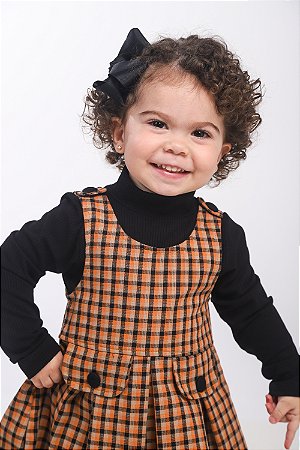 CONJ VESTIDO XADREZ COM PREGAS E BLUSA CANELADA