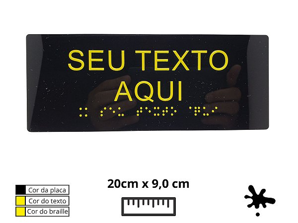 Placa de Braille 20x9 cm, acrílico preto, texto e braille na cor amarela PBPR2009BAM