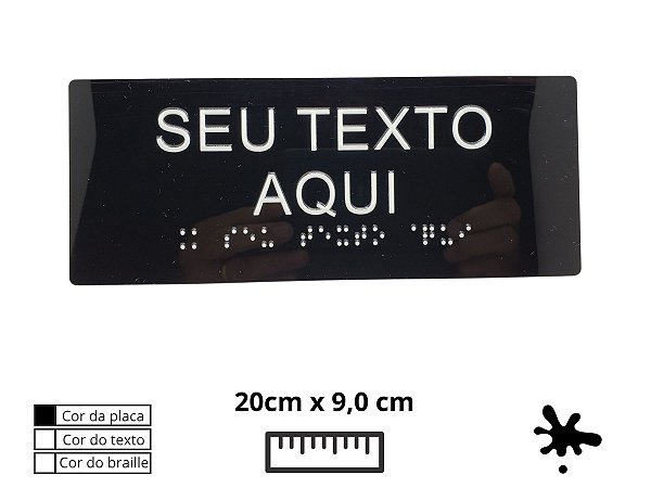 Placa de Braille 20x9 cm, acrílico preto, texto e braille na cor branca PBPR2009BBR