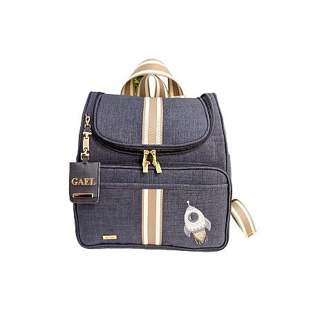 Mochila 2em1 - Linho preto/faixa caqui e marfim