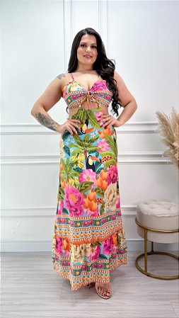Vestido Feminino Ibiza - Longo Estampado - Fundo Azul - Floral