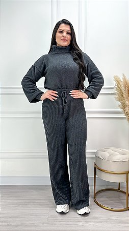 Conjunto Blusa e Calça em Tricot Mousse Cinza Dara