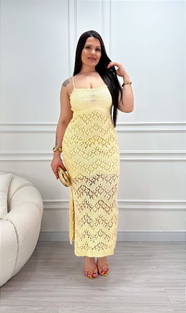 Vestido Tricot Rendado Jasmim Amarelo