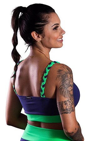 Top Ariana marinho com verde com Alça Tripla de Trança - Porle