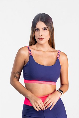Top Ariana marinho com rosa neon alça tripla em trança - PORLE