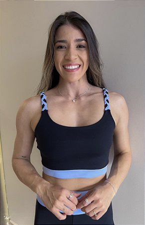 Top Ariana preto com azul claro Com Alça Tripla de Trança - Porle