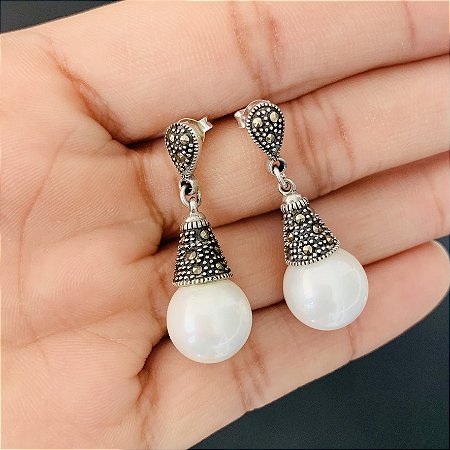 Brinco de Marcassitas e Pérola Gota Pendurada