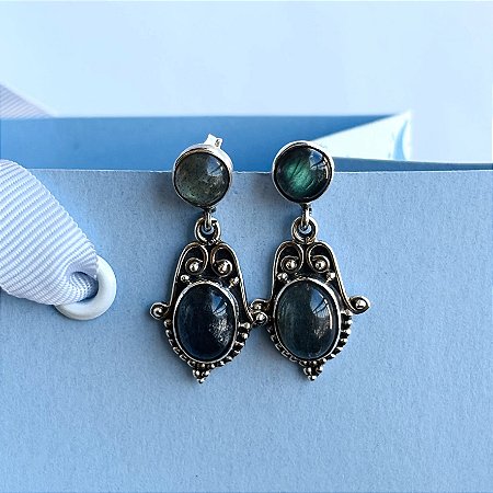 Brinco Pedra Labradorita arabesco Bali