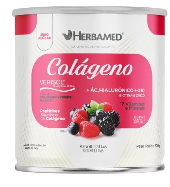 HERBAMED - COLÁGENO VERISOL + ÁCIDO HIALURÔNICO + Q10 + 17 VITAMINAS E MINERAIS SABOR FRUTAS VERMELHAS 200G