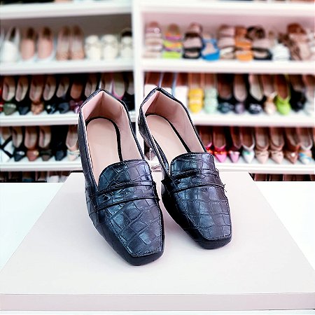 Sapatilha mocassim preta bico quadrado