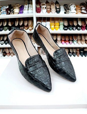 Sapatilha  bico fino Mocassim Preto croco