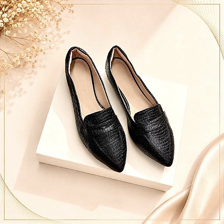 Sapatilha bico fino Mocassim Preto croco tamanho especial