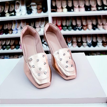 Mocassim bico quadrado Rose Gold