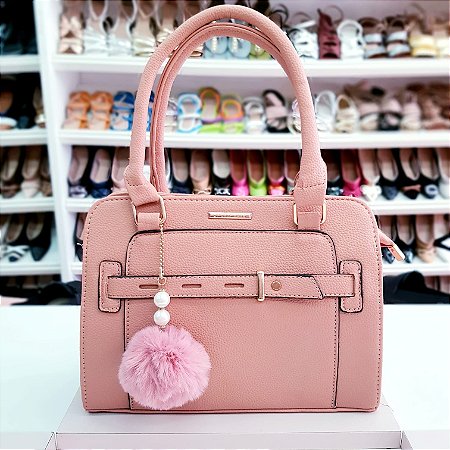 Bolsa Feminina Nude com Detalhe de Fivela e Chaveiro Pompom