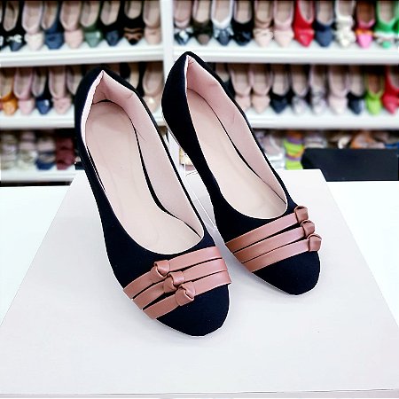 Sapatilha Bico Redondo Preta Nobuck Nozinhos Caramelo