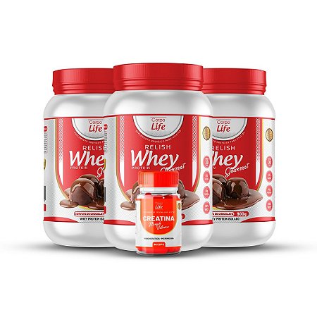 3 Whey Relish Goumert  900g + 1 creatina Muscle volume 90 cápsulas