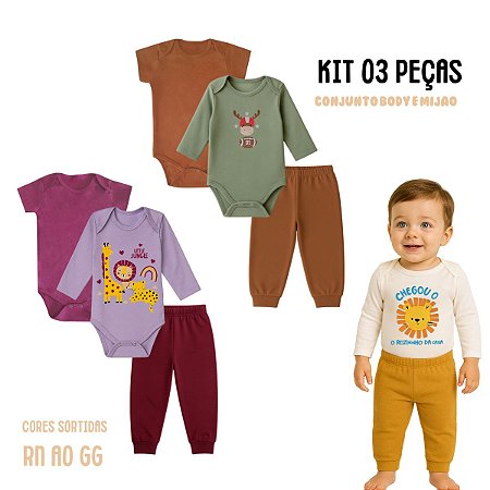 kit 3 pçs Roupa Bebê Body e Mijão menino menina 100% algodão RN ao GG