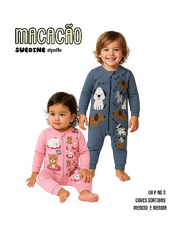 Macacão longo Bebê Ziper menino menina 100% algodão Suedine P ao 3