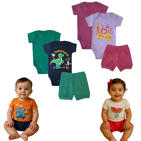 kit 3 pçs Roupa Bebê Body e Short menino menina algodão RN ao GG