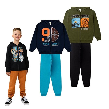 Kit 2 Conjuntos Moletom Juvenil Masculino Blusa Calça Flanelado Agasalho Menino Capuz Ziper Punho 04-16