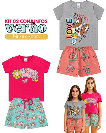 Kit 2 Conjuntos Verão Infantil Juvenil Feminino Tamanhos 10 ao 16