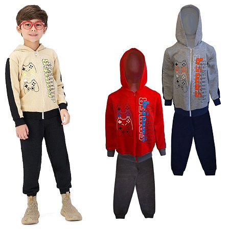 Kit2 Conjuntos Moletom Infantil Masculino - Blusa Calça Flanelado com Capuz Ziper Punhos