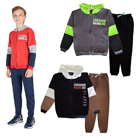 Kit 2 Conjuntos Moletom Juvenil Masculino Blusa e Calça Flanelado, com capuz e ziper Tamanho 10 ao 16