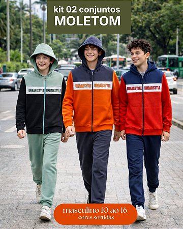 Kit 2 Conjuntos Moletom Juvenil Masculino Blusa e Calça Flanelado, com capuz e ziper Tamanho 10 ao 16