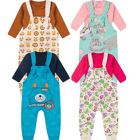 kit Roupa Bebê 4 peças Jardineira e Body Manga Longa Menino Menina
