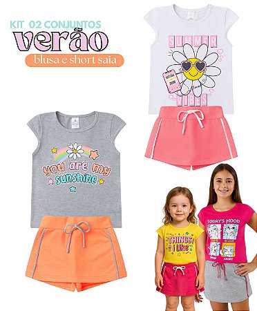 Kit 2 Conjuntos Verão Blusa Shorts Saia Juvenil Menina Tamanho 04 ao 16