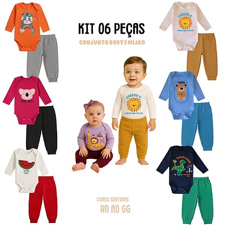 kit 6 peças Roupa Bebê Body e Mijão com Punhos, Menino e Menina em Suedine 100% Algodão